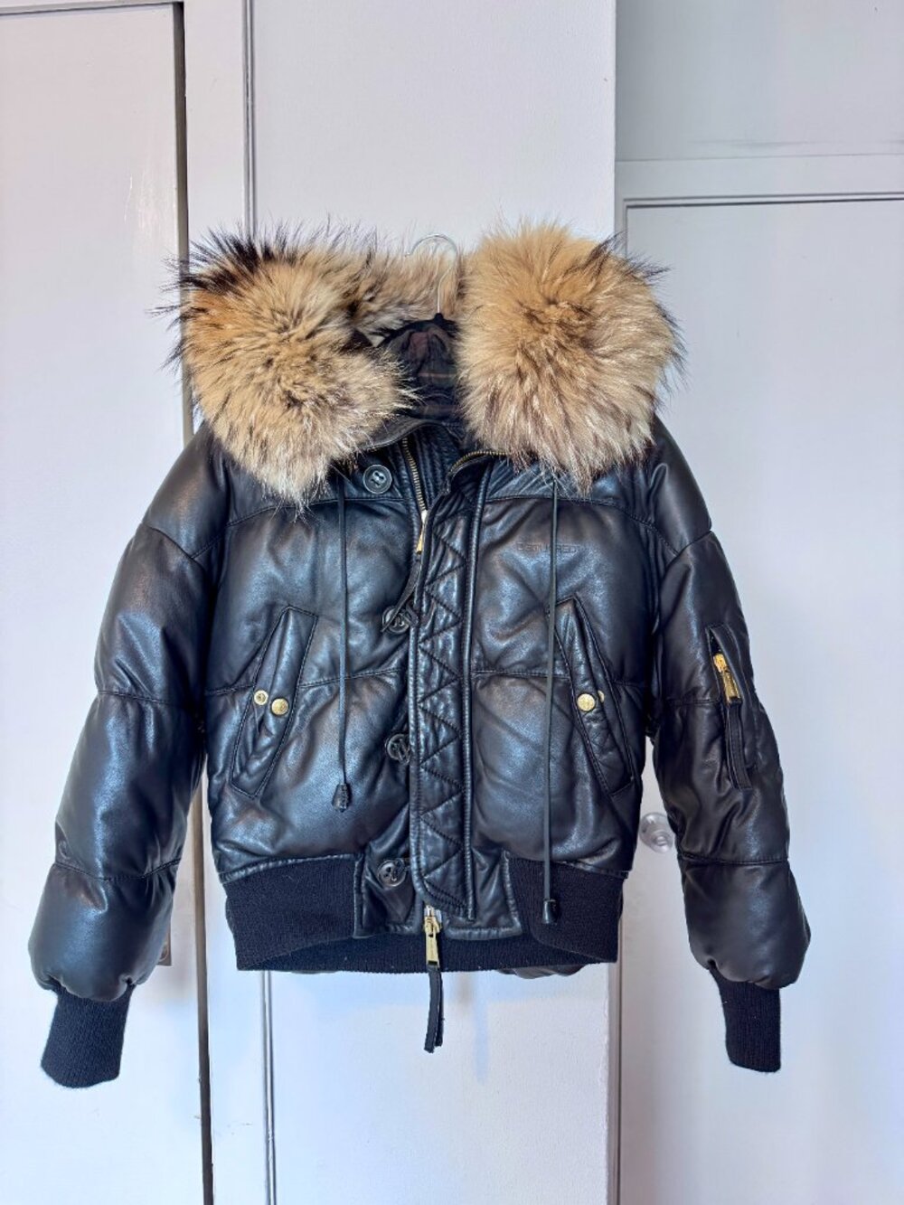 Dsquared2 black leather bomber puffer jacket with raccoon fur hood IT 40